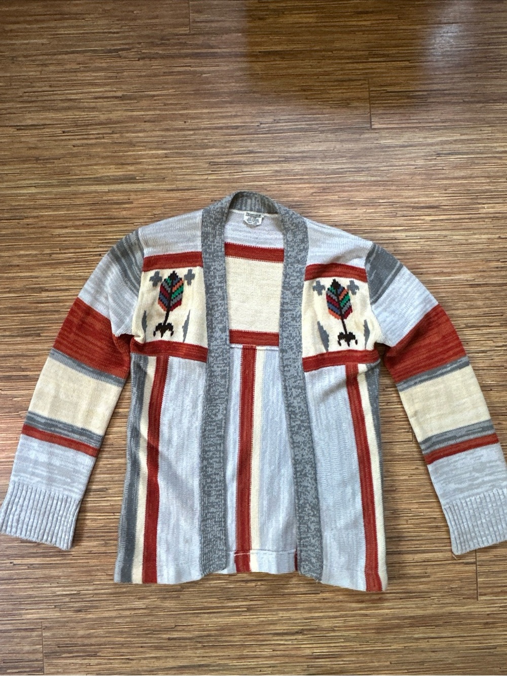 Cozy Aztec Stripe Open Cardigan in Cream, Gray & Red size 10